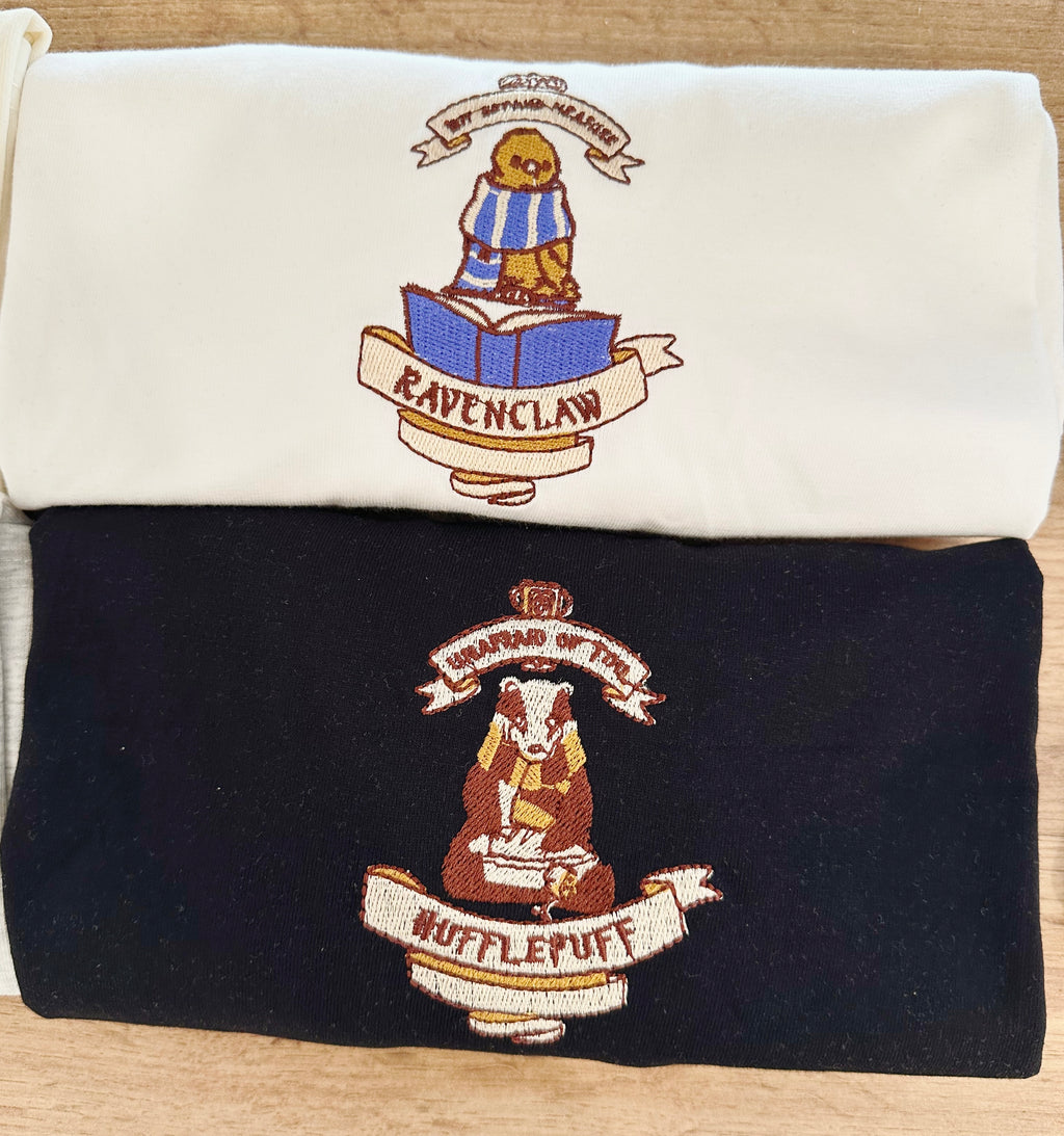 Magic School T-Shirt with Embroidered Four House Logos