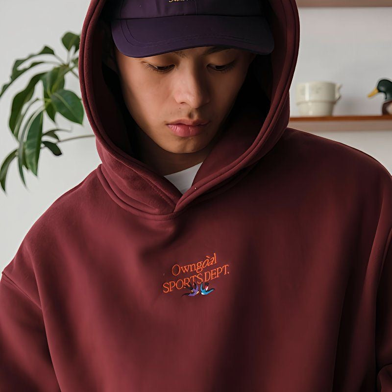 [ Coming Soon ] HeuHeu “Own Goal” Embroidered Fleece Hoodie – Classic Versatile American-